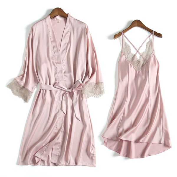 

mechcitiz women's robe & gown sets lace bathrobe night dress 2 pieces sleepwear womens sleep set silk robe femme lingerie, Black;red