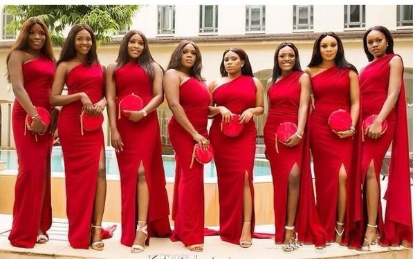 

new arabic red mermaid bridesmaid dresses one shoulder side split floor length long wedding guest dress formal maid of honor gowns, White;pink