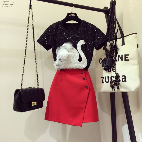 

women s designer 2 piece sets new 2019 summer womens stereo swan sequins embroidery t shirt skirt twinset skirt set, White