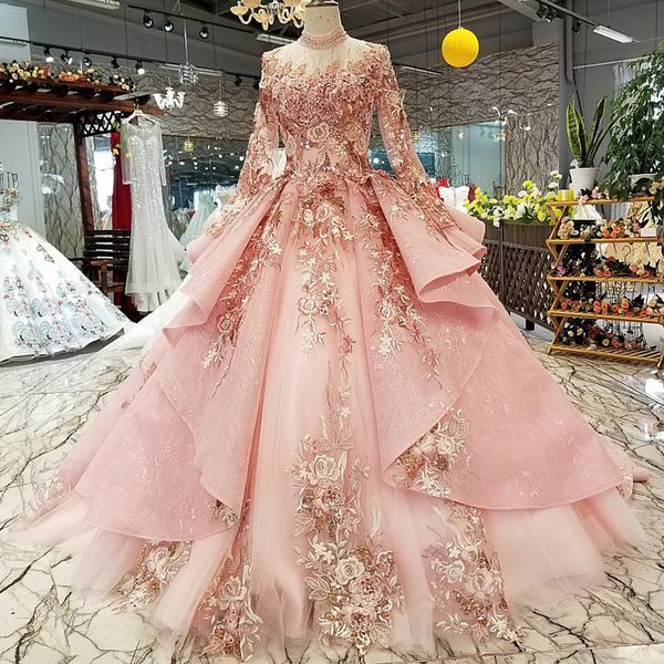 

pink special dubai puffy party dresses high neck long tulle sleeve lace up back evening dresses can make for muslim, Black;red