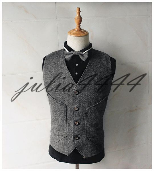 2019 New Farm Wedding Gilet in tweed di lana grigia a spina di pesce Gilet da sposo su misura Gilet slim fit Abito da sposa su misura Gilet da uomo Taglie forti