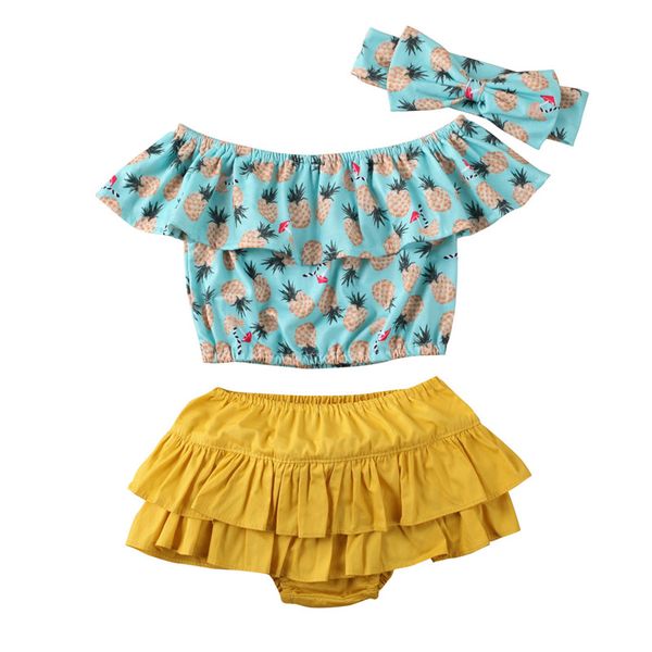 

3pcs baby summer clothing pineapple printed off shoulder blouse layered shorts headband outfit toddler kids girls clothing, White