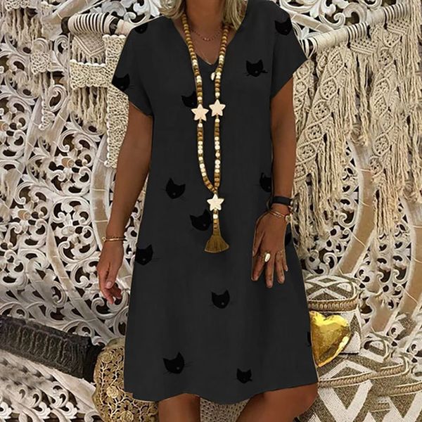 

women casual summer dress cat pattern v neck women summer dresses shift fashion dresses woman party night beach 2019 new, Black;gray