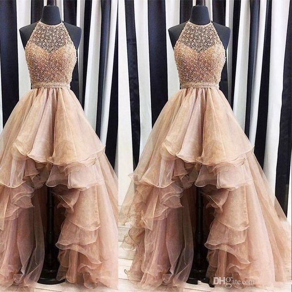

rose gold new arrival high low 2020 a line prom dresses lace jewel illusion sweetheart beaded sleeveless tulle tiered skirts evening gowns, Black;red