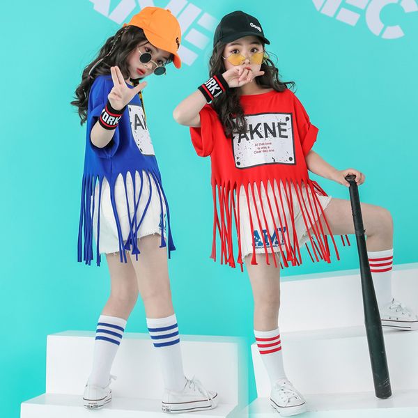 

2019 kid fringe hip hop dance clothes jazz costume red stage show dance wear sweatshirt short street clothing for boys girls, Black;red