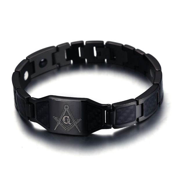 

man braslet black stainless steel mens magnetic bracelet with carbon fiber inlay masonic logo fashion jewelry, Golden;silver