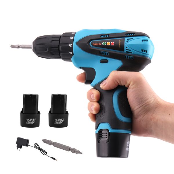 

12v electric screwdriver cordless drill 2 lithium battery rechargeable two-speed led light screw driver power tools woodworking