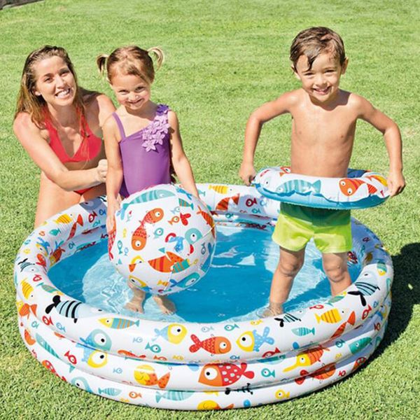

3 piece children's home paddling pool indoor ocean ball pool bath barrel tub swiming fish farm kids sprinkler play pad mat