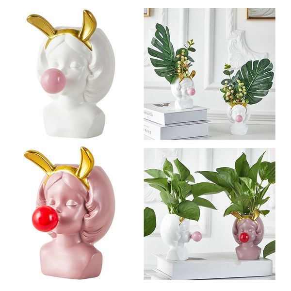 

blowing bubbles girl vinyl succulent planters - set of 2, white and pink