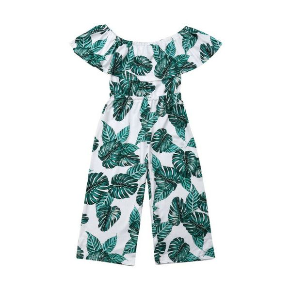 

toddler kid baby girl summer off-shoulder clothes child flower green leaf printing jumpsuit overalls outfits, Blue