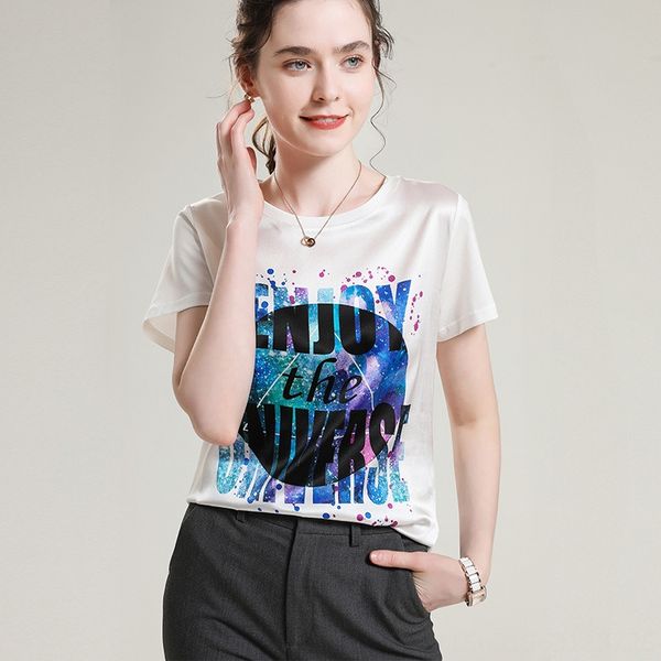 

2020 mulberry silk t- t-shirt female round collar loose printing short sleeve temperament silk base shirt, White