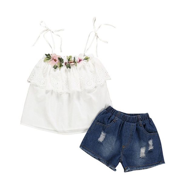 

summer cute baby girls off-shoulder sleeveless strap flower t-shirt +denim shorts suits costume set 2-5y toddler girl clothe, White