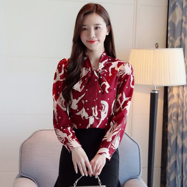 

2020 quality red printed elegant bow shirts women fashion long sleeve runway ladies designer shirt blouses casual office button shirts, White