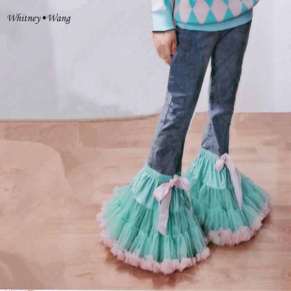 

whitney wang 2020 spring fashion streetwear sweet ball gown ruffled flare pants jeans women stylish denim pants plus size 5xl, Blue