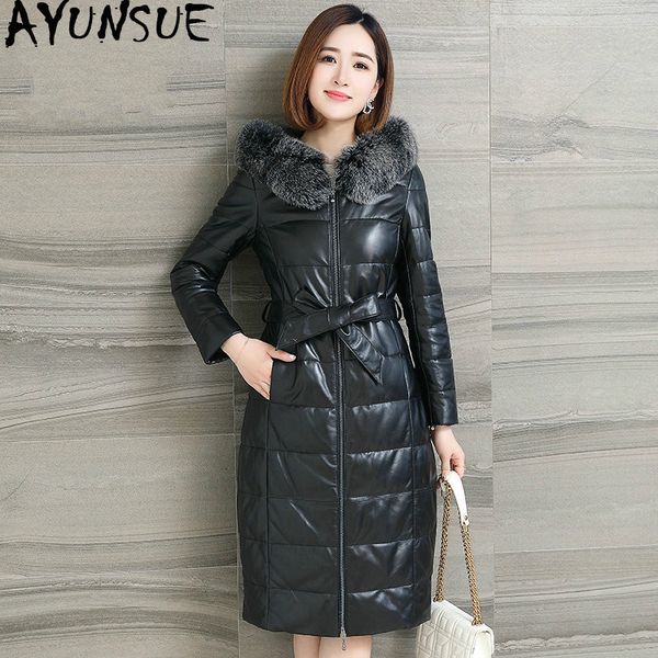 

ayunsue female genuine leather jacket womens winter down jacket fur collar long sheepskin coat for women veste femme kj971, Black