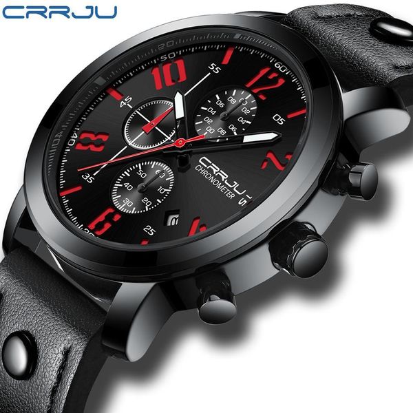 

crrju mens watches brand luxury quartz black watch men casual leather military waterproof sport wristwatch relogio masculino, Slivery;brown
