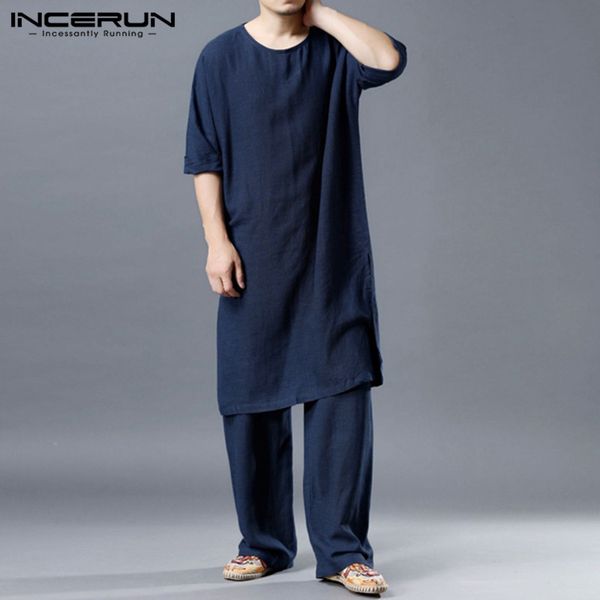 

incerun men chinese style sets cotton loose vintage solid half sleeve long straight long trousers casual men comfy suits 7, Gray