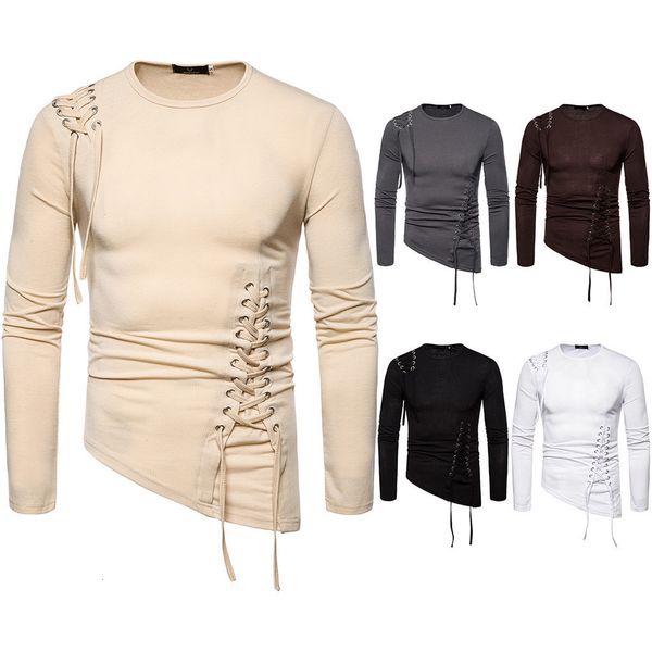 

2019 new men's t-shirts fashion casual male fashion men drawstring casual solid long sleeve o- neck blouse t-shirts s-2xl, White;black