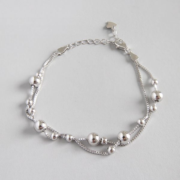 

925 sterling silver round bead double layer bracelets silver fashion round bead box chain friendship bracelets for women jewelry, Golden;silver