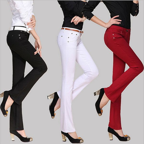 

women's jeans elastic women flare pants candy colored mid waist zipper slim fit skinny female jean fashion trousers, Blue