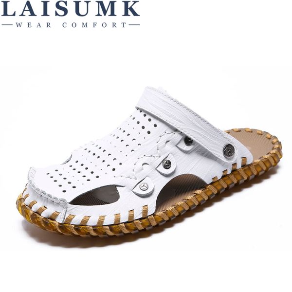 

laisumk brand genuine leather summer soft male sandals shoes for men breathable light beach casual quality walking sandal 2018, Black