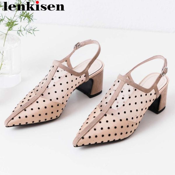 

large size concise princess style slingback women pumps buckle strap mesh sun protection chunky med heels pointed toe pumps l33, Black