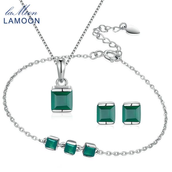 

lamoon 4mm 0.6x2 ct natural green chalcedony 925 sterling silver simple jewelry set s925 for women v008-3, Black