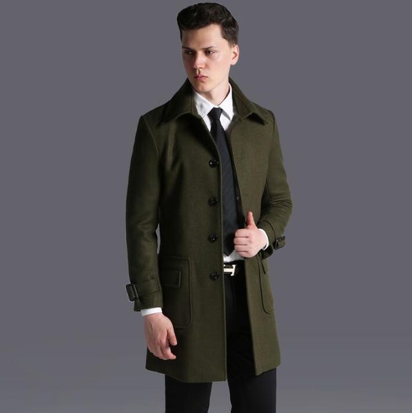

single-breasted casual woolen coat men trench coats long sleeves overcoat mens cashmere coat rmy green inverno erkek england, Black