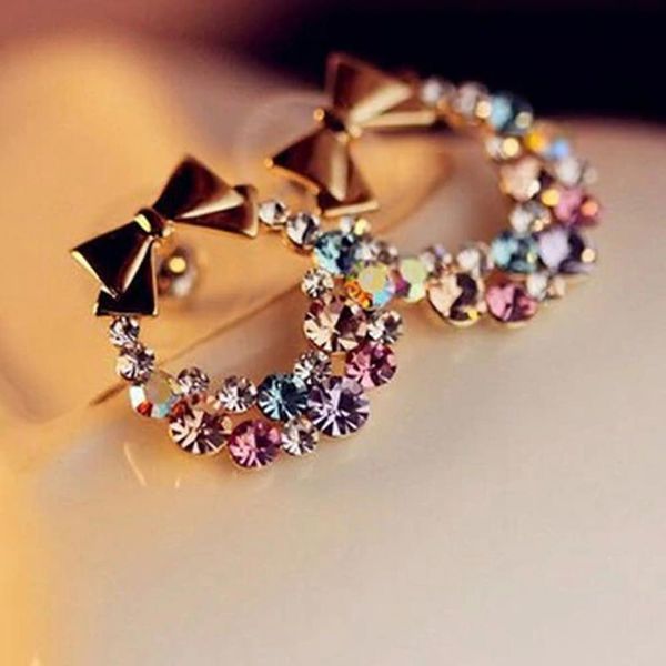 

women imitation colorful rhinestone bowknot stud earrings gold crystal cubic zirconia bow earring female vintage jewelry, Golden;silver