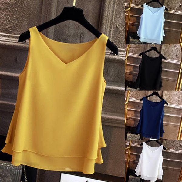 

women's summer short paragraph korean version sleeveless chiffon shirt solid v-neck casual ropa mujer, White