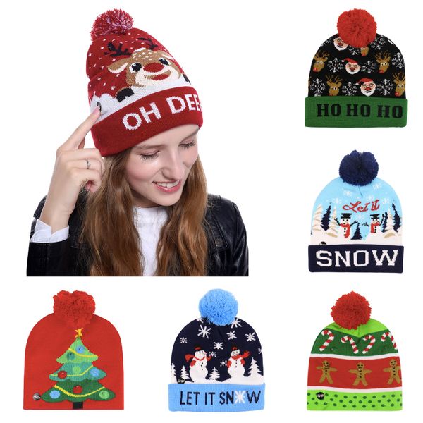 

14 designs kids christmas knitted led lights beanie santa claus elk snowflake winter hat designer beanies for kids adults christmas party 09, Yellow