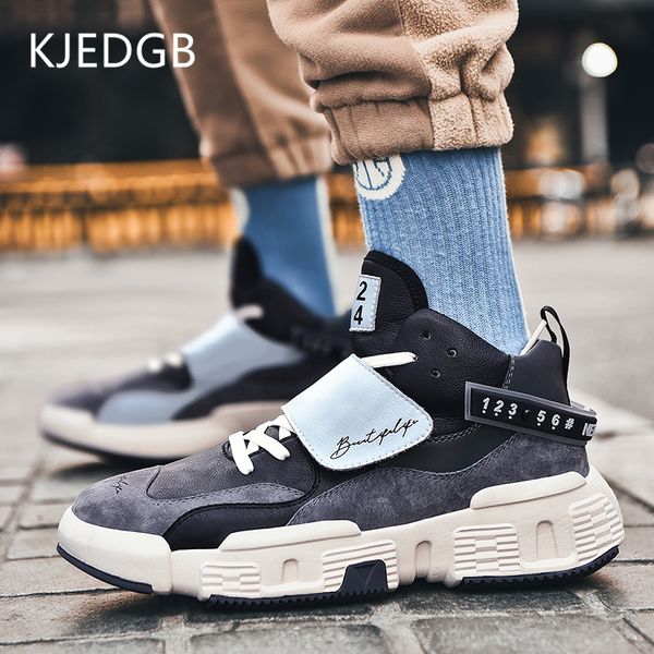 

kjedgb new harajuku style genuine leather men's shoes thick-soled platform sneakers outdoor street fashion casual shoes, Black