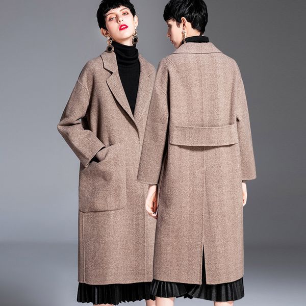 

long woolen blends cashmere coats for women 2019 autumn winter ladies jackets plus size overcoat double sided coffee herringbone, Black