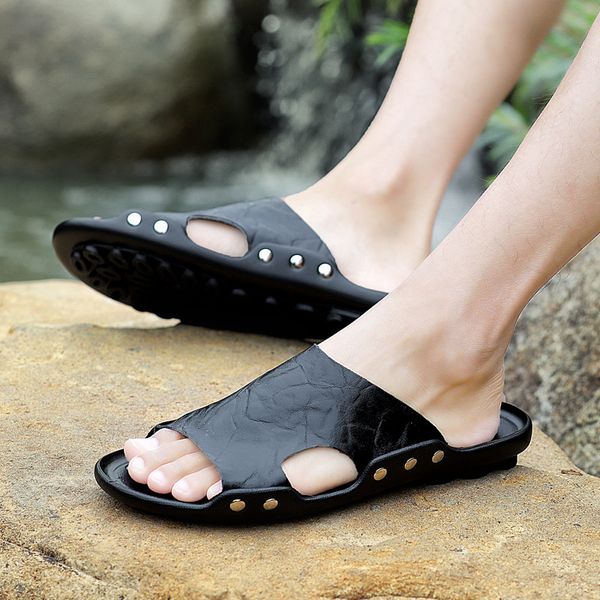 

merkmak summer men fashion casual slipper new men beach slippers soft breathable vacation shoes large size 36-48, Black