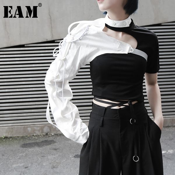

eam] 2019 new spring summer lapel one-sided long-sleeved accessories irregular personality shirt women blouse fashion jx407, White