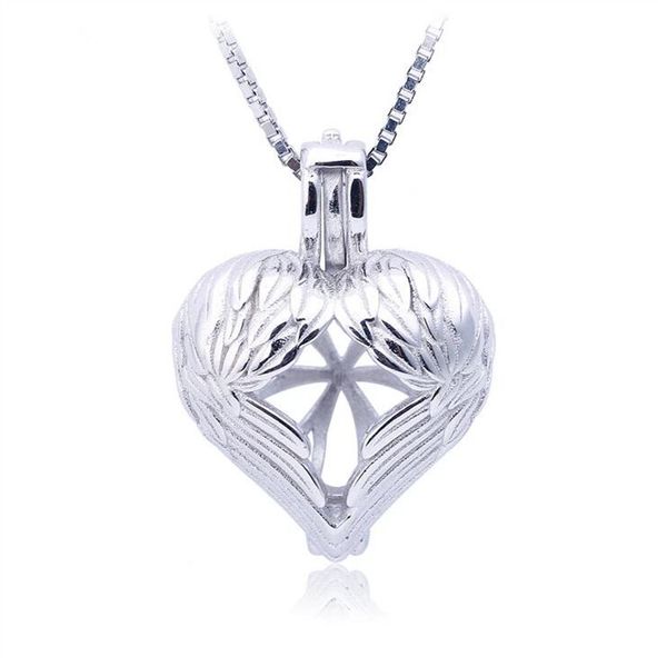 Ciondolo medaglioni cuore ali d'angelo gabbia di perle argento sterling 925 3 pezzi