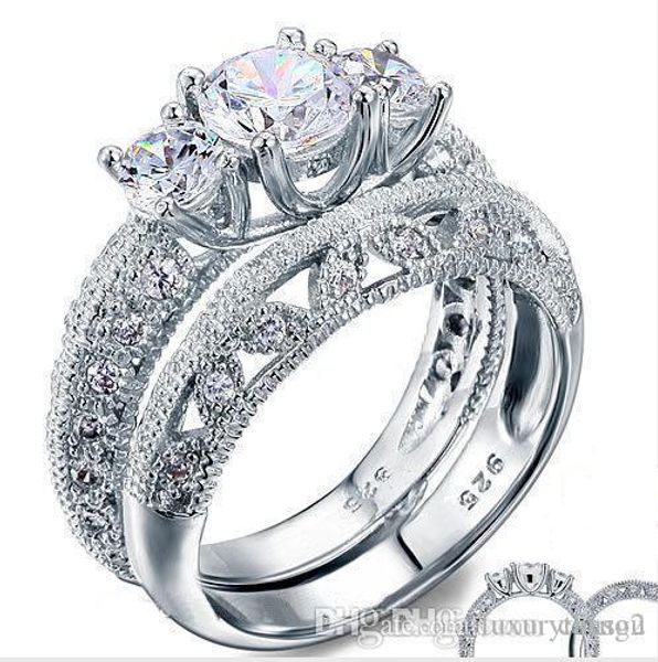 

vintage style victorian art deco 1.5 ct created diamond solid sterling 925 silver 2-pcs wedding engagement ring set