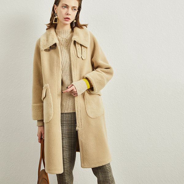 

2019 autumn winter new granular sheep shearing coat women's medium long lambskin fur fur one piece coat, Black