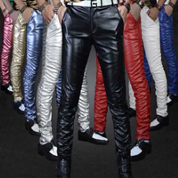 

new 2020 bright colors leather pants men fashion casual pu leather stage pants plus velvet wrinkle men trousers, Black