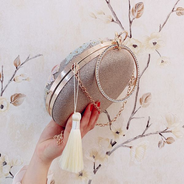 

new luxury retro tassel evening dress clutch bag embroidery flower round evening bag wallet day wedding handbag