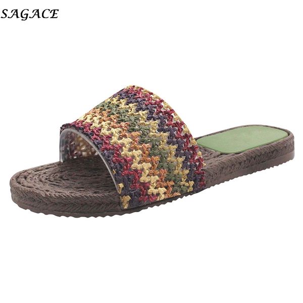 

sagace 2020 new fashion outdoor womens flip flops grass weav breathable flat open toe shoe light casual slippers, Black