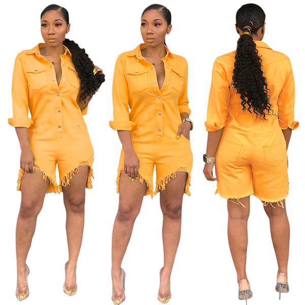 Moda-mulheres Denim Jumpsuits Jumpsuits Rasgado Camisa Skinny Shorts Macacões Ternos Single Breasted Moda Vesditoes Jumpsuits Playsuits