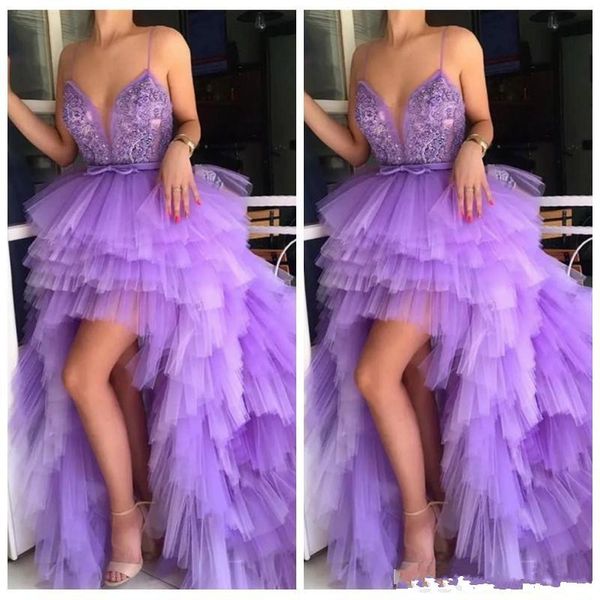 

2019 new spaghetti deep v neck putty prom dresses tulle beading appliques sleeveless high-low rushed party dress evening gowns wear, Black