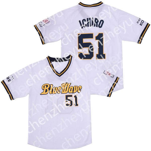 

men's 51 ichiro suzuki 1991-2000 orix blue wave baseball jersey white, Blue;black