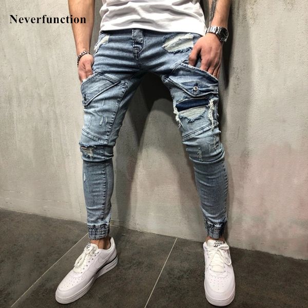 

streetwear hip hop ripped skinny biker jeans destroyed stretch cotton denim trousers plus size 40 dropshipping, Blue