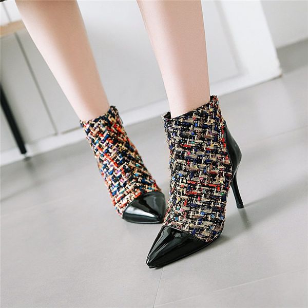 

2018 fashion pointed toe thin hih heel stiletto shoes patent leather plaid printed ladies ankle boots plus size women, Black