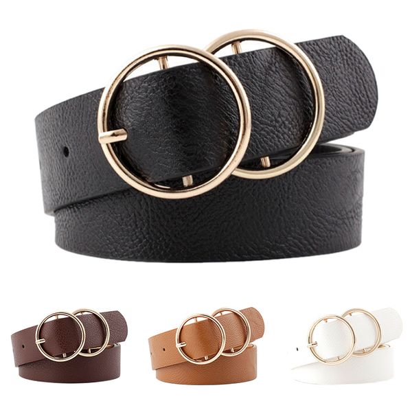 

women faux leather belt double ring round circle buckle circle belts brand fashion punk o ring for women belt, Black;brown