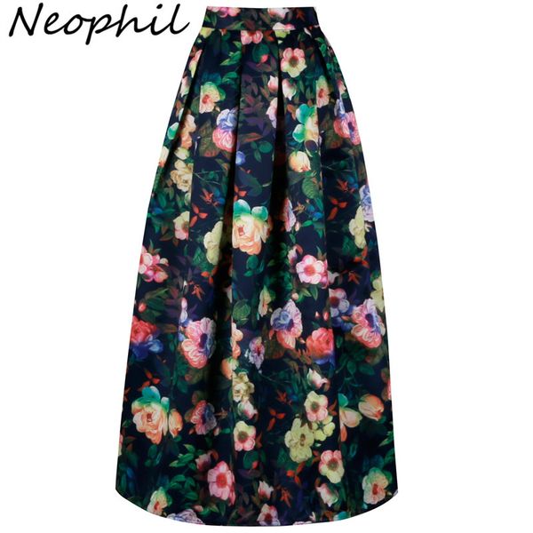 

neophil 2020 ladies floral printed vintage maxi long skirts floor length high waist ball gown pleated flare longa saias ms0512, Black