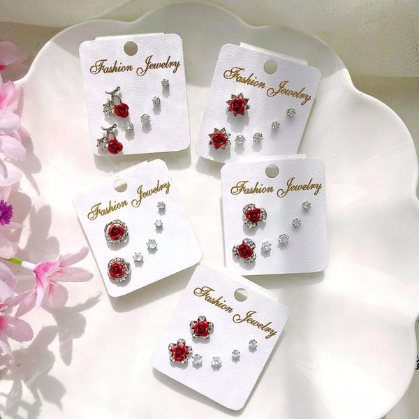 

maintains color anti-allergy ear stud korean-style fashion rose three-piece set zircon earrings simple versatile ear rings women, Silver