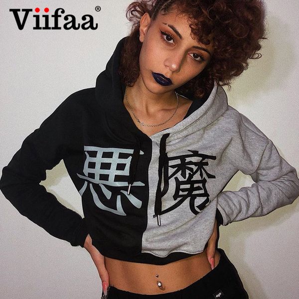 

viifaa black and grey two tone chinese characters cropped hoodies women 2019 fashion autumn streetwear hooded sweatshirt